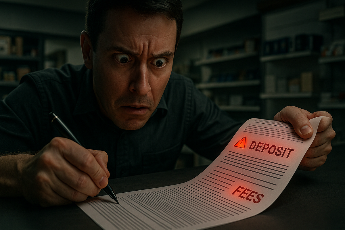 Wide-eyed man frozen over a long contract at a store counter, red warning icons and the words DEPOSIT and FEES glowing on the paper—tense realization of hidden costs, anxiety about smartphone installment traps, powerful cautionary mood