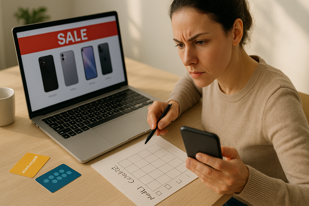 Serious woman at a bright wooden desk, laptop showing a SALE banner and multiple phones, checklist grid on paper, smartphone in hand and membership cards nearby—deep comparison of iPhone models, strategic pre-sale planning, focused decision energy