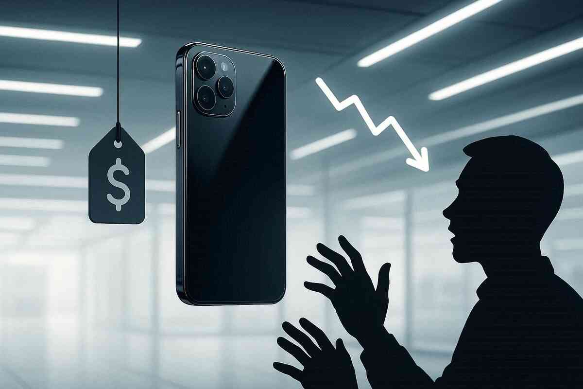 Sleek black smartphone floating in a minimalist showroom, dangling price tag with a dollar symbol and a white arrow sloping downward toward an eager silhouette—dramatic price-drop anticipation, dreamy premium upgrade vibes, hopeful bargain feeling