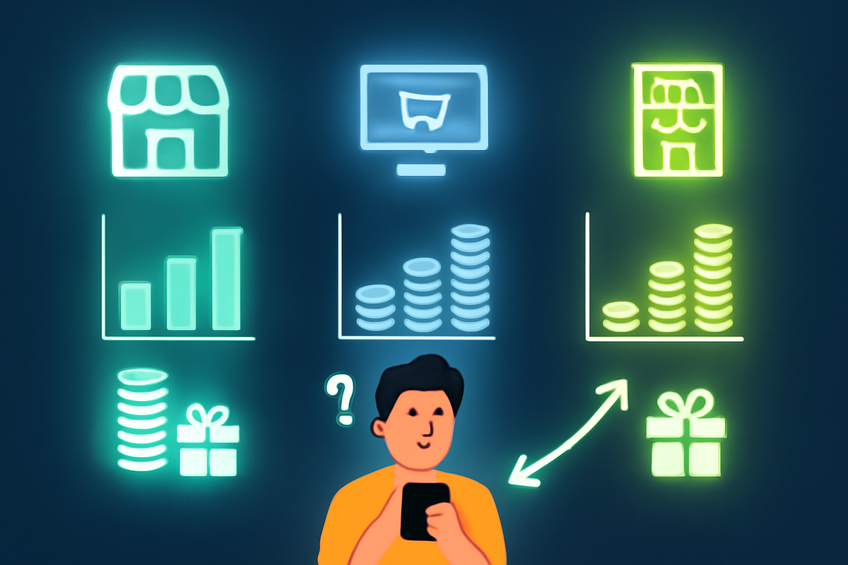 Neon comparison scene with three glowing shop icons—physical store, online cart, and marketplace—each above bar charts, coin stacks, and gift boxes, while a puzzled person looks at their phone with a question mark—playful yet analytical mood for choosing the best iPhone deal, price vs points vs perks