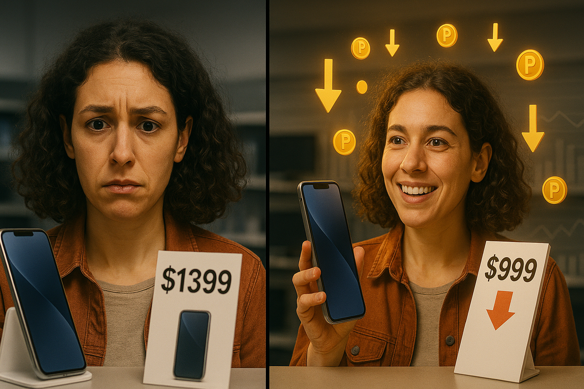 Split-screen woman comparing smartphone prices: on the left she looks crushed in front of a $1399 tag, on the right she beams with relief holding the same phone at $999 with golden point icons raining down—emotional before-and-after of discovering a smart Black Friday discount strategy