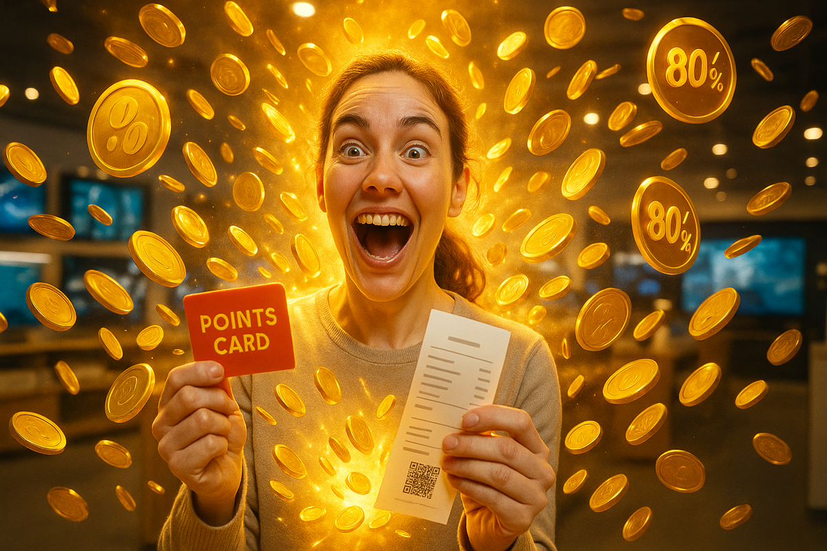 Split-screen woman comparing smartphone prices: on the left she looks crushed in front of a $1399 tag, on the right she beams with relief holding the same phone at $999 with golden point icons raining down—emotional before-and-after of discovering a smart Black Friday discount strategy
