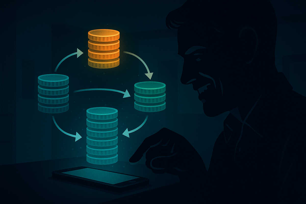 Dark, strategic illustration of a smiling silhouette tapping a smartphone while glowing stacks of coins cycle around in arrows, one stack shining bright gold—clever points loop, secret multi-layer reward strategy, quietly thrilled optimizer energy