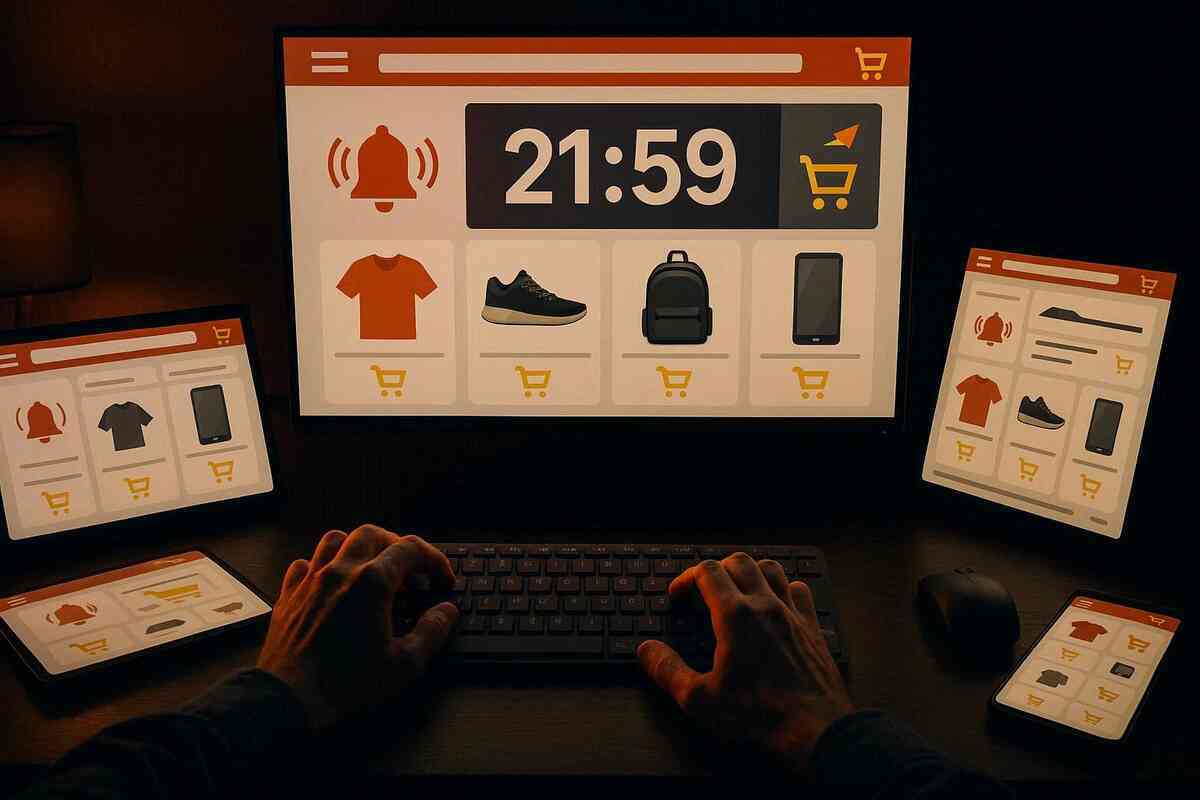 Night-time desk setup with hands on a keyboard surrounded by multiple screens and devices all open to an online shop, giant 21:59 countdown and alert bells on the main monitor—tense multi-device war room for a flash sale, heart-pounding race to grab limited smartphone stock