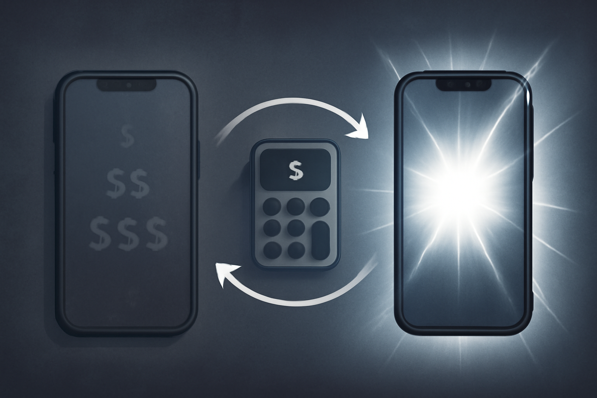 Minimalist upgrade diagram: a dim old smartphone with dollar signs flows through a central calculator icon toward a dazzling bright new phone, arrows showing the trade-in cycle—clear visual of turning an aging device into an affordable shiny upgrade, hopeful fresh-start feeling