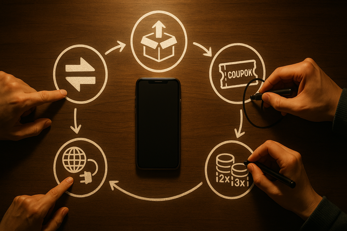 Top-down view of a wooden desk with a smartphone in the center, chalk-drawn circular flowchart of trade-in, delivery box, coupon ticket, internet plug, and 2x/3x coin stacks, hands pointing and circling steps—clear iPhone Black Friday strategy loop for stacking discounts and bonuses