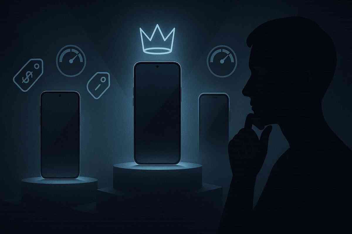 Moody dark podium scene with three smartphones, the center device glowing under a crown icon while a thinking silhouette compares price tags and speed gauges—calm, analytical moment of choosing the best value iPhone model in a sea of Black Friday options