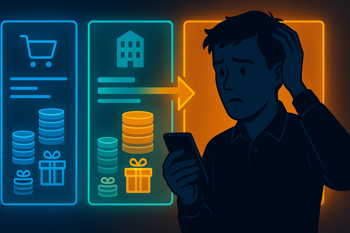 Illustrated man holding a phone, sweating over glowing comparison panels for online shop, big-box store, and another offer, each with coin stacks and gift icons, bold arrow pushing him toward one—emotional tug-of-war over where to buy an iPhone for maximum savings and rewards