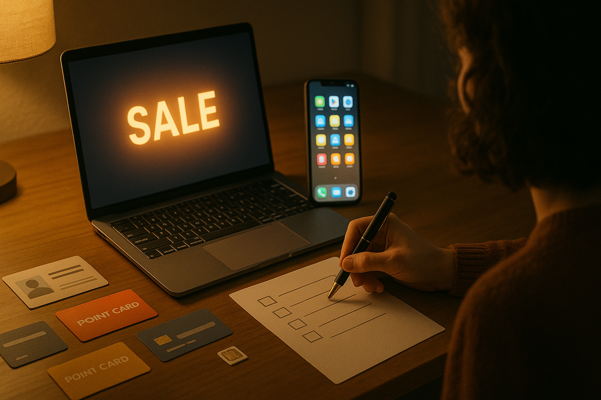 Cozy night desk setup with a laptop screaming SALE, smartphone standing upright, neat rows of ID, point and credit cards plus a SIM card, and a hand filling in a checklist—quiet, focused Black Friday prep session to organize apps, cards, and plans before the iPhone rush