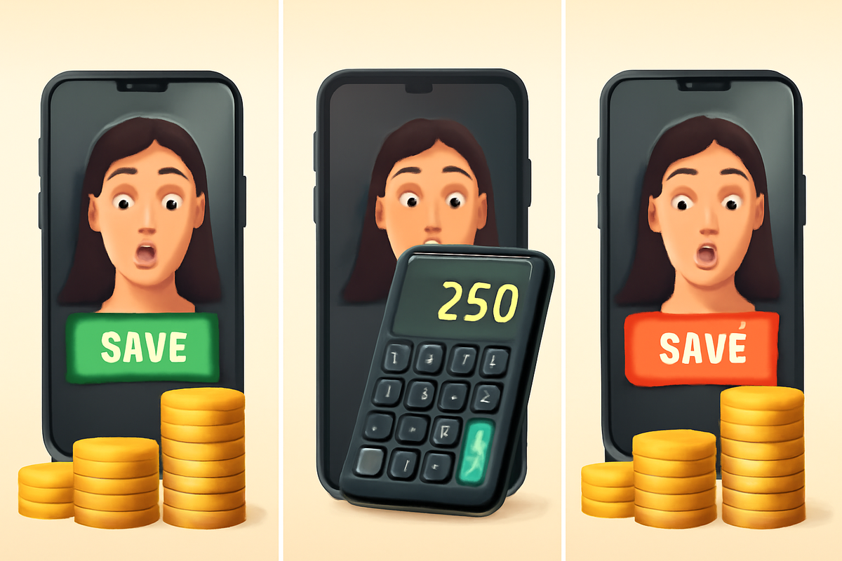 Playful three-panel smartphone cartoon: same surprised woman on screen, gold coin stacks at her feet, central panel showing a calculator reading 250, right panel flashing a red SAVE button with even more coins—easy-to-grasp simulation of “save ¥25,000+ on your iPhone” that turns math into emotional joy