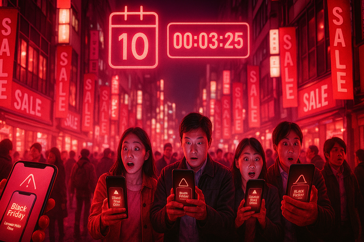 Crowded Japanese city street bathed in neon red SALE signs, giant glowing calendar “10” and countdown timer floating overhead, shocked friends staring at Black Friday alert screens on their phones—high-tension last-minutes energy, urgent FOMO about limited iPhone deals