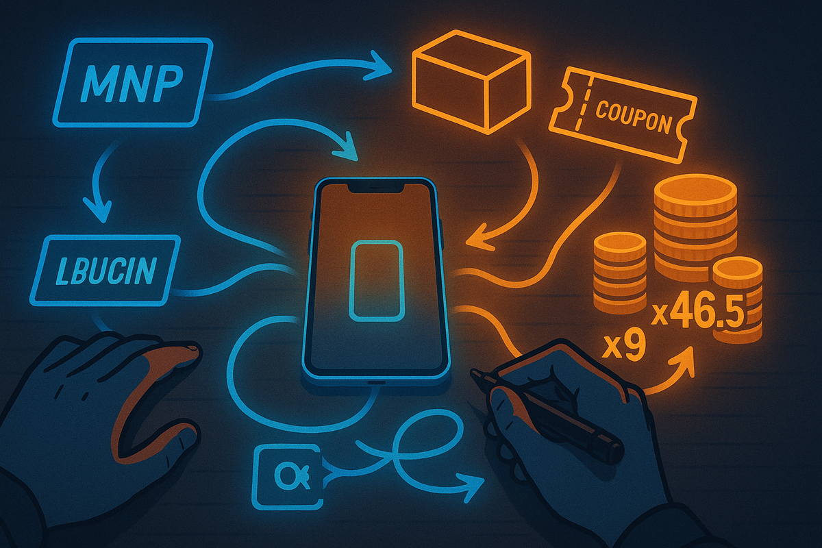 Top-down illustration of a smartphone on a desk surrounded by blue and orange arrows from “MNP,” contract boxes, coupons, and coin stacks marked x9 and x46.5, with hands sketching the plan—clever Black Friday strategy map for turning carrier switch and bonuses into massive iPhone savings