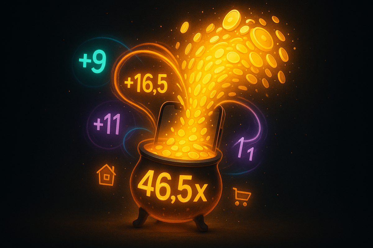 Magical cauldron shaped like a smartphone overflowing with glowing golden coins, colorful +9, +16.5, +11 multipliers swirling around and a huge 46.5x shining on the pot—fantasy “points alchemy” showing how Black Friday stacking transforms normal shopping into an insane cashback jackpot