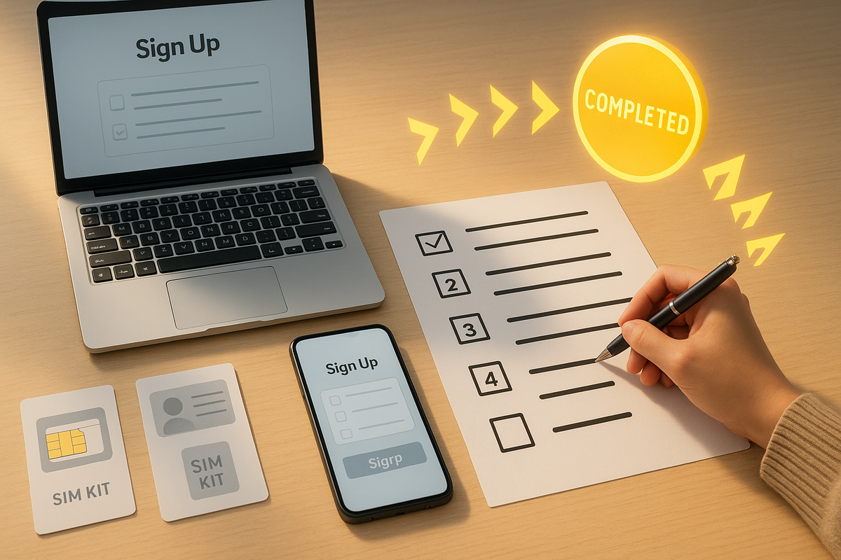 Bright wooden desk with laptop and phone screens saying “Sign Up,” SIM kits neatly laid out, and a large numbered checklist being ticked off as arrows lead toward a glowing COMPLETED badge—smooth, reassuring visual of finishing a mobile plan application without missing a step
