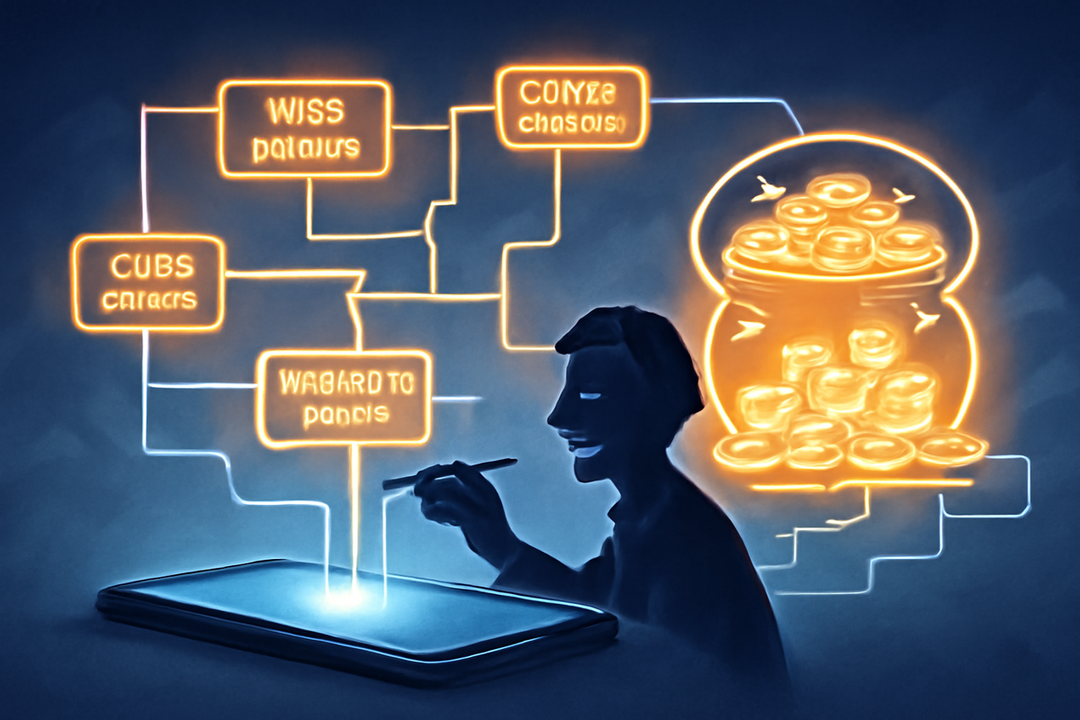 Night-blue scene of a person drawing on a giant tablet, neon flowchart boxes branching toward a glowing pot stuffed with golden coins—playful decision tree that turns complex campaign choices into a clear path to maximum Black Friday rewards