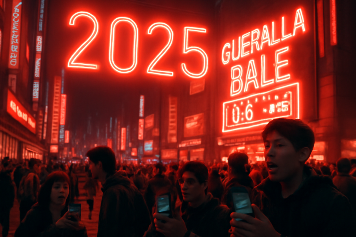 Neon-red game district in 2025 packed with frantic shoppers, glowing “guerilla sale” signs and people clutching smartphones—chaotic midnight energy that screams last-minute Sofmap Switch2 drop and FOMO tension