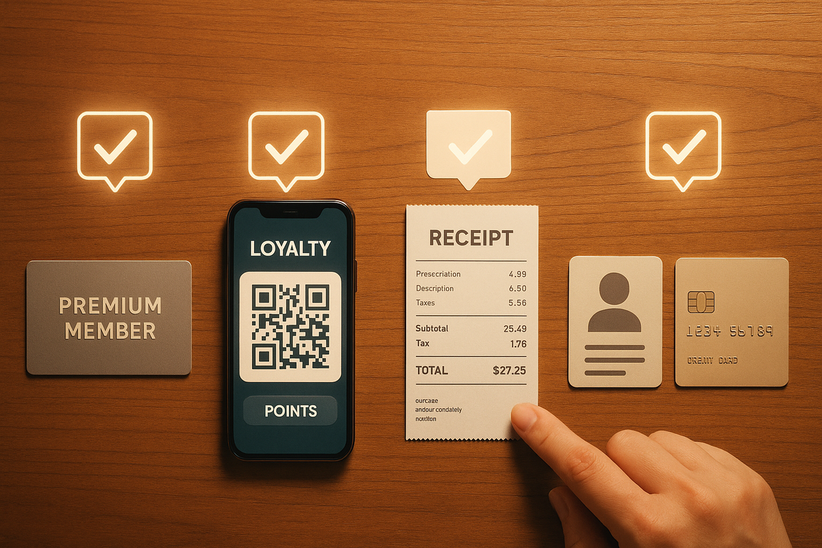 Flat-lay on warm wooden desk—premium member card, loyalty-points QR on a smartphone, receipt, ID card and credit card all lined up with glowing check icons—everything perfectly prepared to clear Sofmap Switch2 purchase conditions, calm but excited vibe