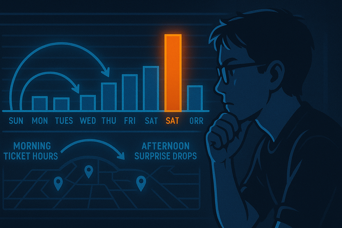 Moody blue analytics screen with a thinker silhouette studying a weekday bar chart where Saturday blazes in orange, arrows circling “morning ticket hours” and “afternoon surprise drops”—data-driven hunt for the best Sofmap guerilla sale timing, serious yet electrifying