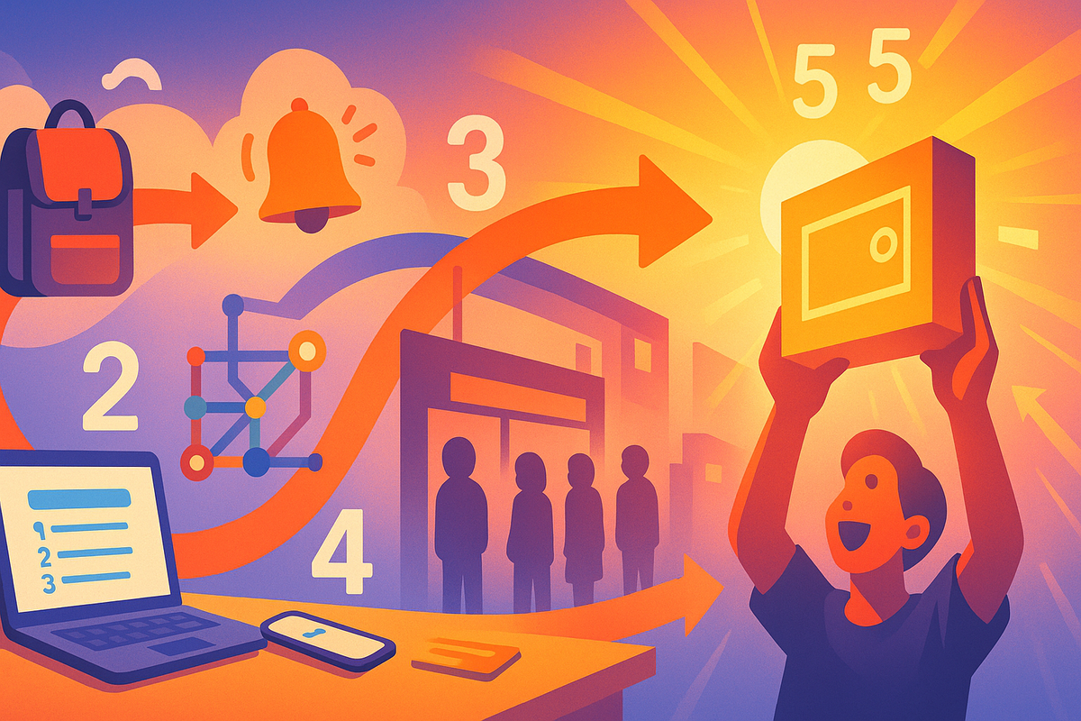 Vibrant step-by-step illustration—backpack, alert bell, social graph, laptop checklist and store queue all linked by a bold arrow toward a smiling player lifting a game console box into a glowing sunrise—optimistic five-step roadmap to Sofmap Switch2 victory