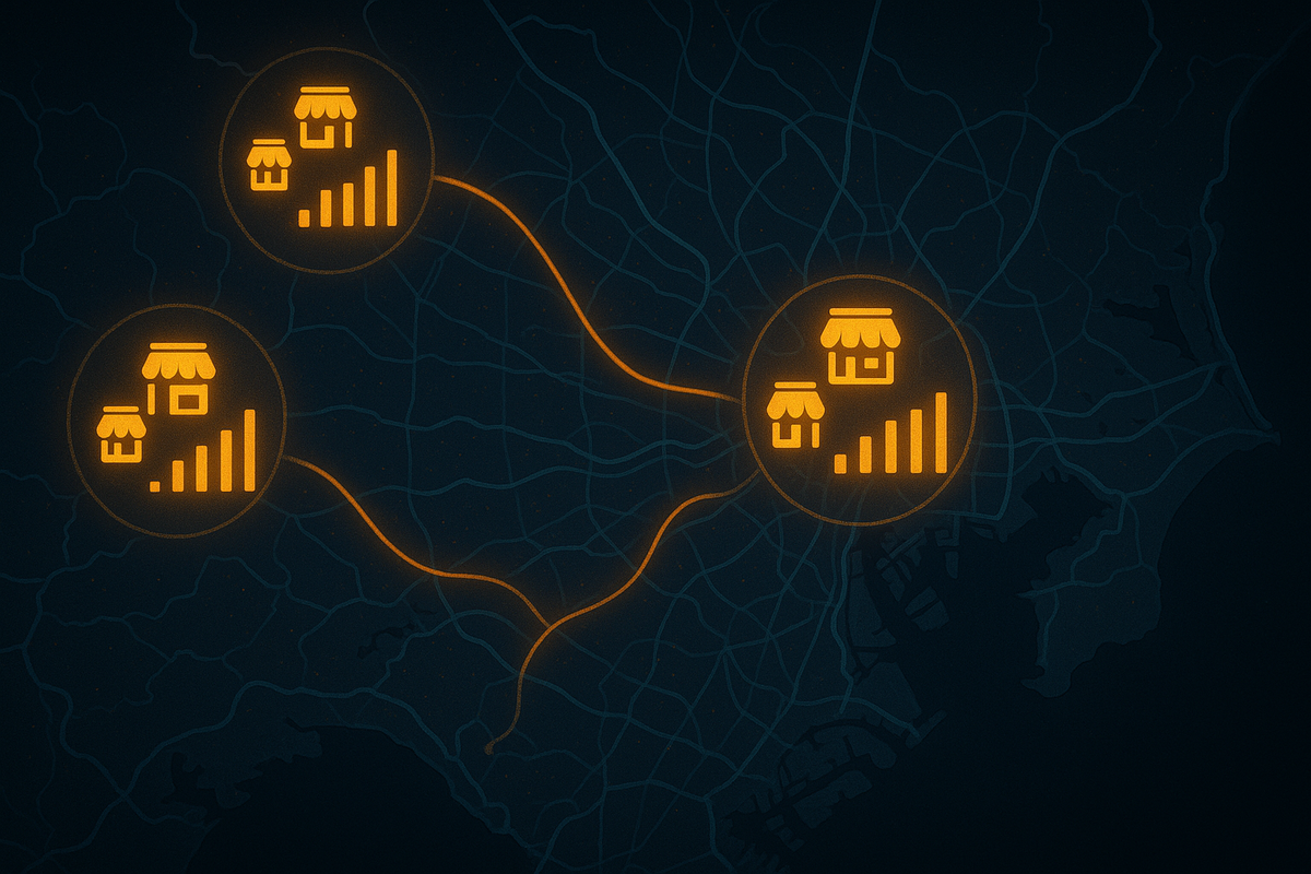 Dark city map at night with three glowing orange bubbles showing store icons and rising bar graphs, connected by smooth paths—strategic multi-store route planning to chase limited Sofmap Switch2 stock, stealthy but hopeful exploration mood