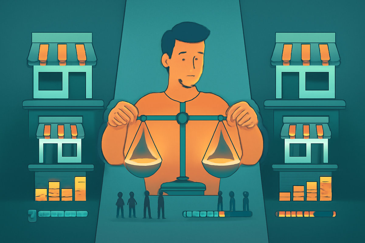 Stylized shopper holding glowing balance scales between two sets of storefronts, each with tiny waiting crowds and stock level bars—calm, thoughtful comparison of Sofmap vs rival retailers to decide where the Switch2 is truly easiest to secure