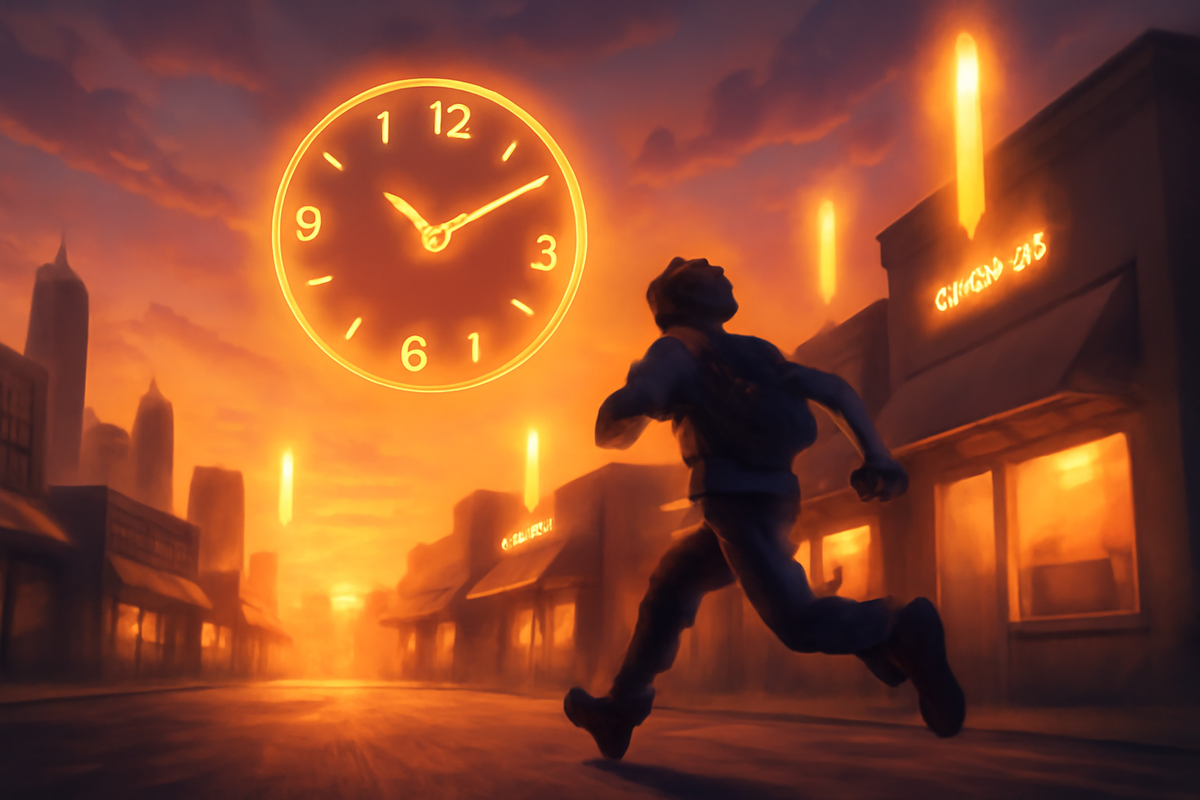 Warm sunset over empty shopping street with a huge glowing clock in the sky and a lone gamer sprinting toward the stores—last-minute dash before Switch2 stock runs out, burning urgency and hopeful desperation