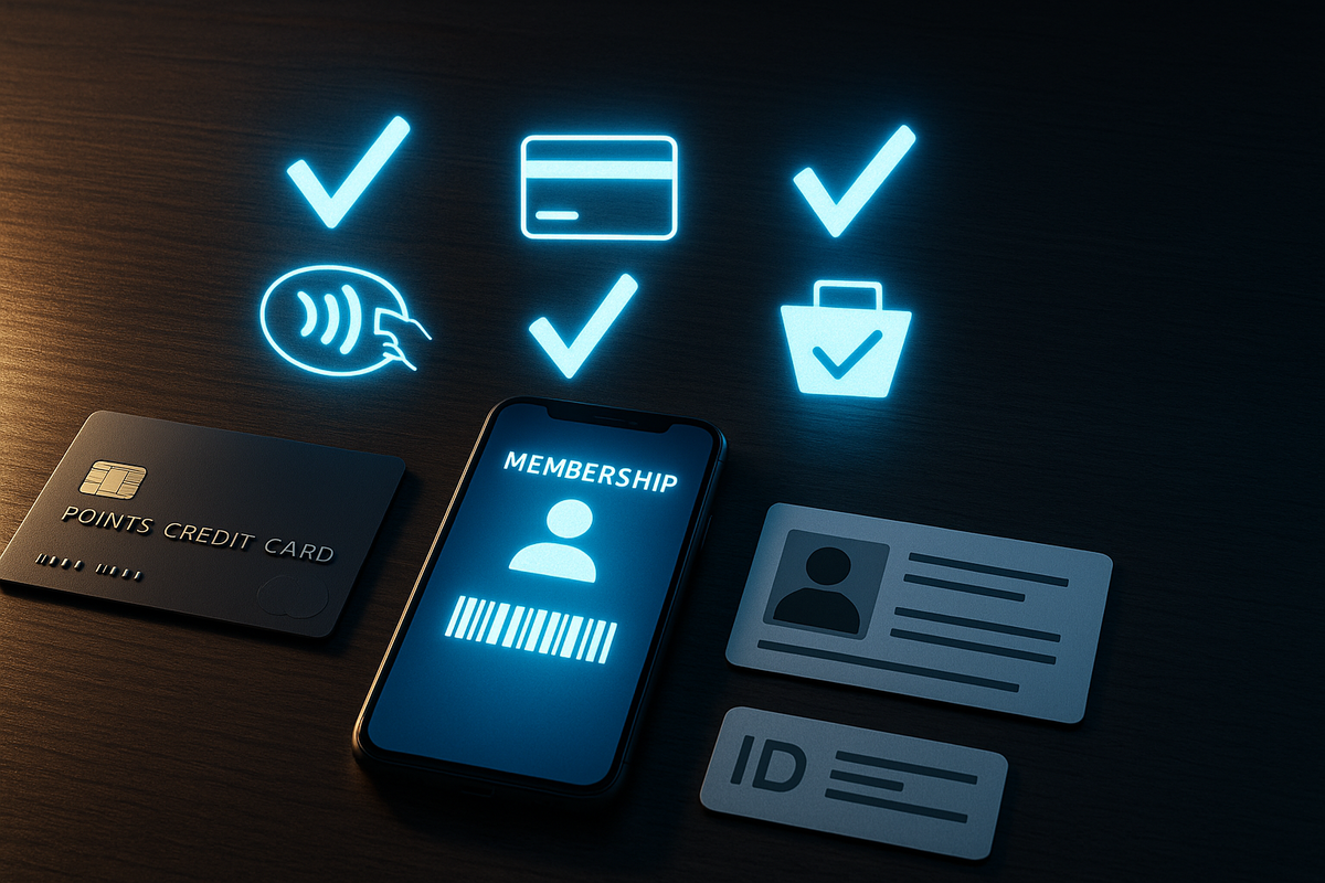 Dark wooden desk with points credit card, digital membership app and ID cards neatly lined up, surrounded by bright blue check-mark icons—everything ready to pass Yodobashi purchase conditions, calm control before the Switch2 hunt