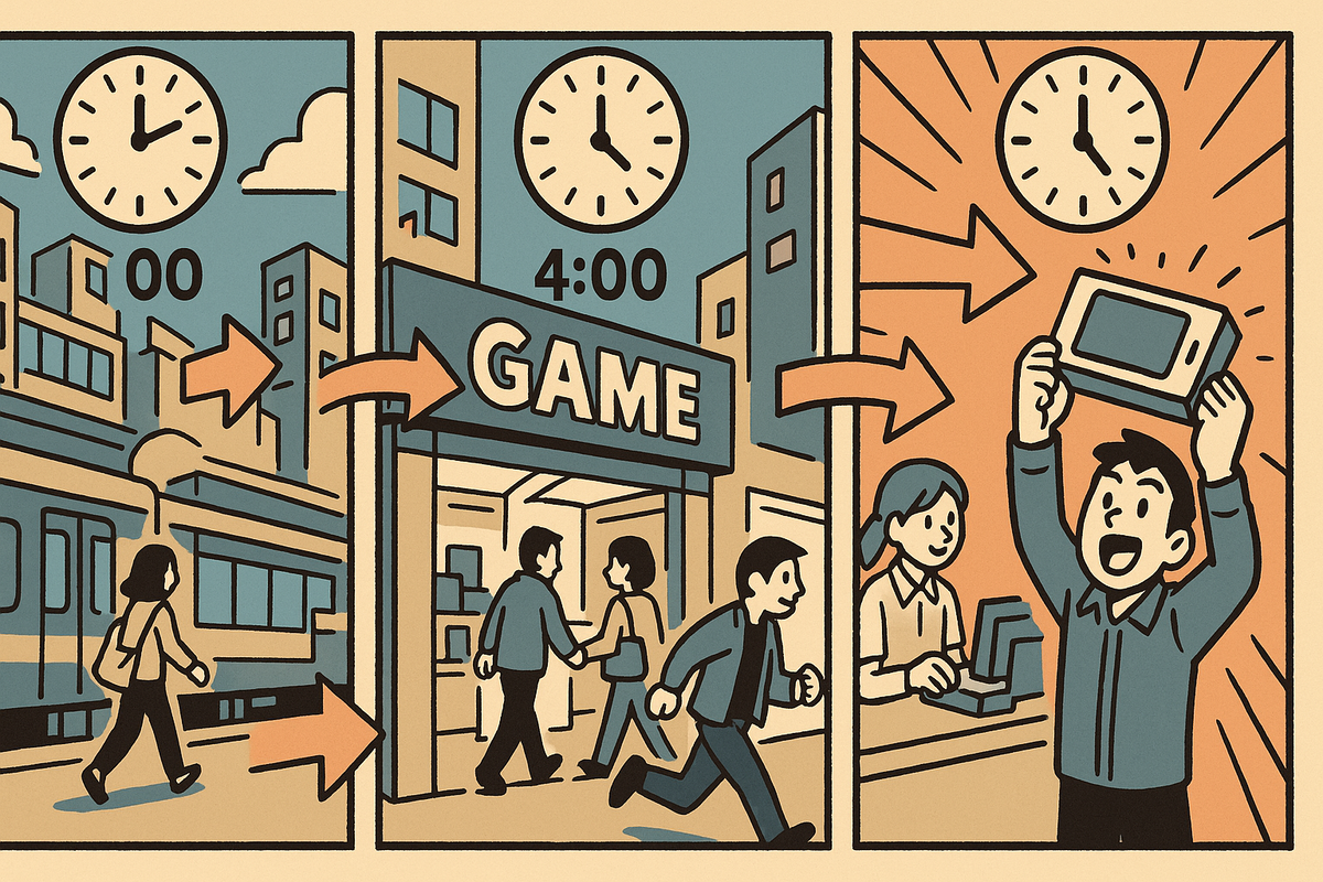 Retro comic-style three-panel storyboard: commuter leaves the train, rushes into a GAME shop at 4:00, then celebrates at the register holding a new console—simple step-by-step path from after-work visit to Switch2 victory