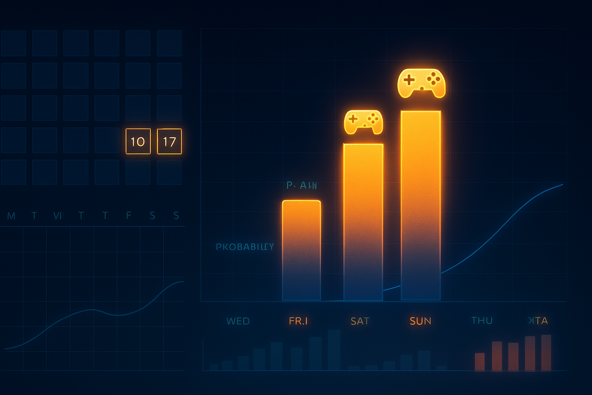 Futuristic dark dashboard with glowing calendar dates and bar graph for Fri–Sat–Sun, topped by gamepad icons—weekend Switch2 success rate soaring on Saturday and Sunday, data-driven hope visualized