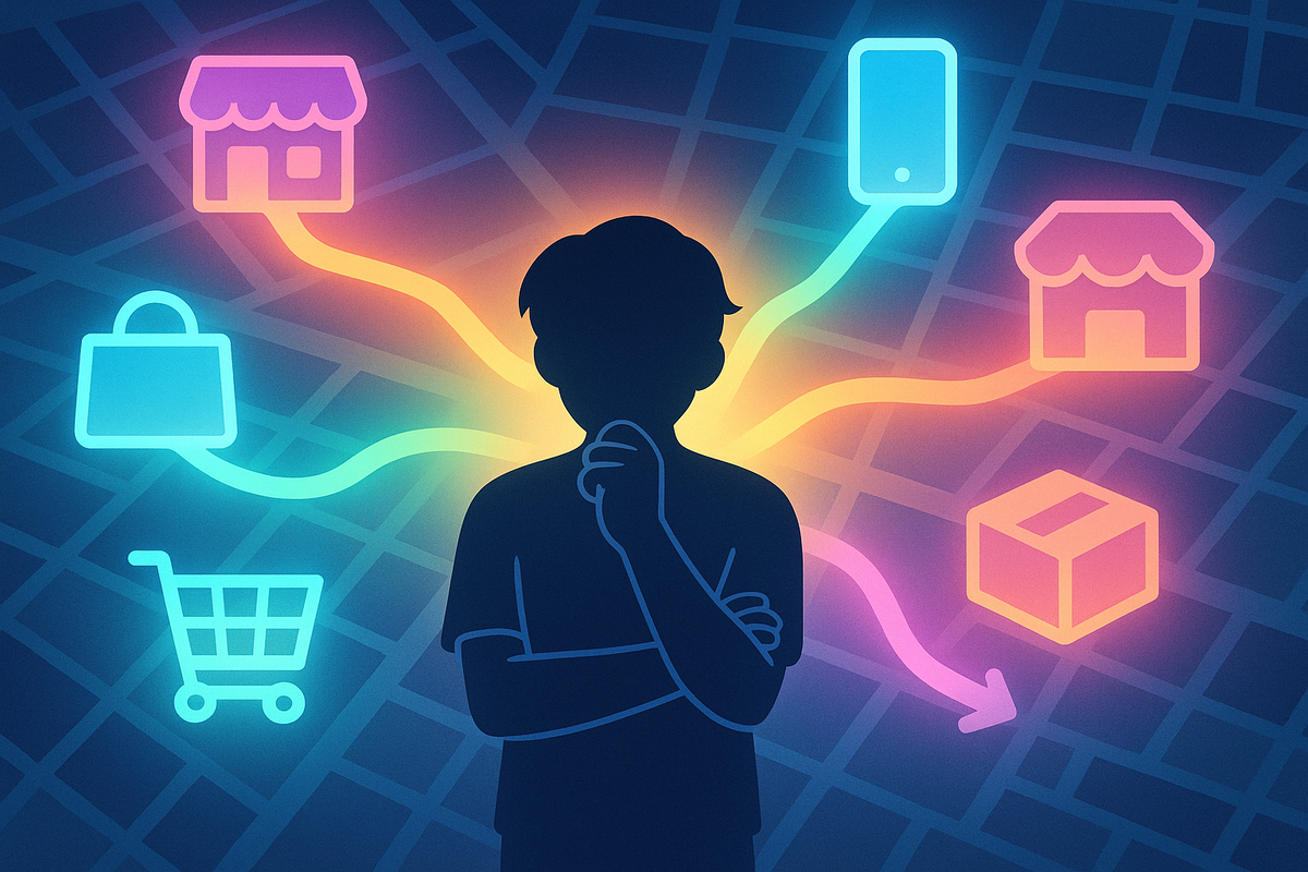 Silhouette of a thoughtful shopper standing over a city map while neon icons for store, online cart, pickup box and shopping bag branch out like rainbow paths—choosing the smartest route to grab a Switch2 today, strategic yet emotional crossroads