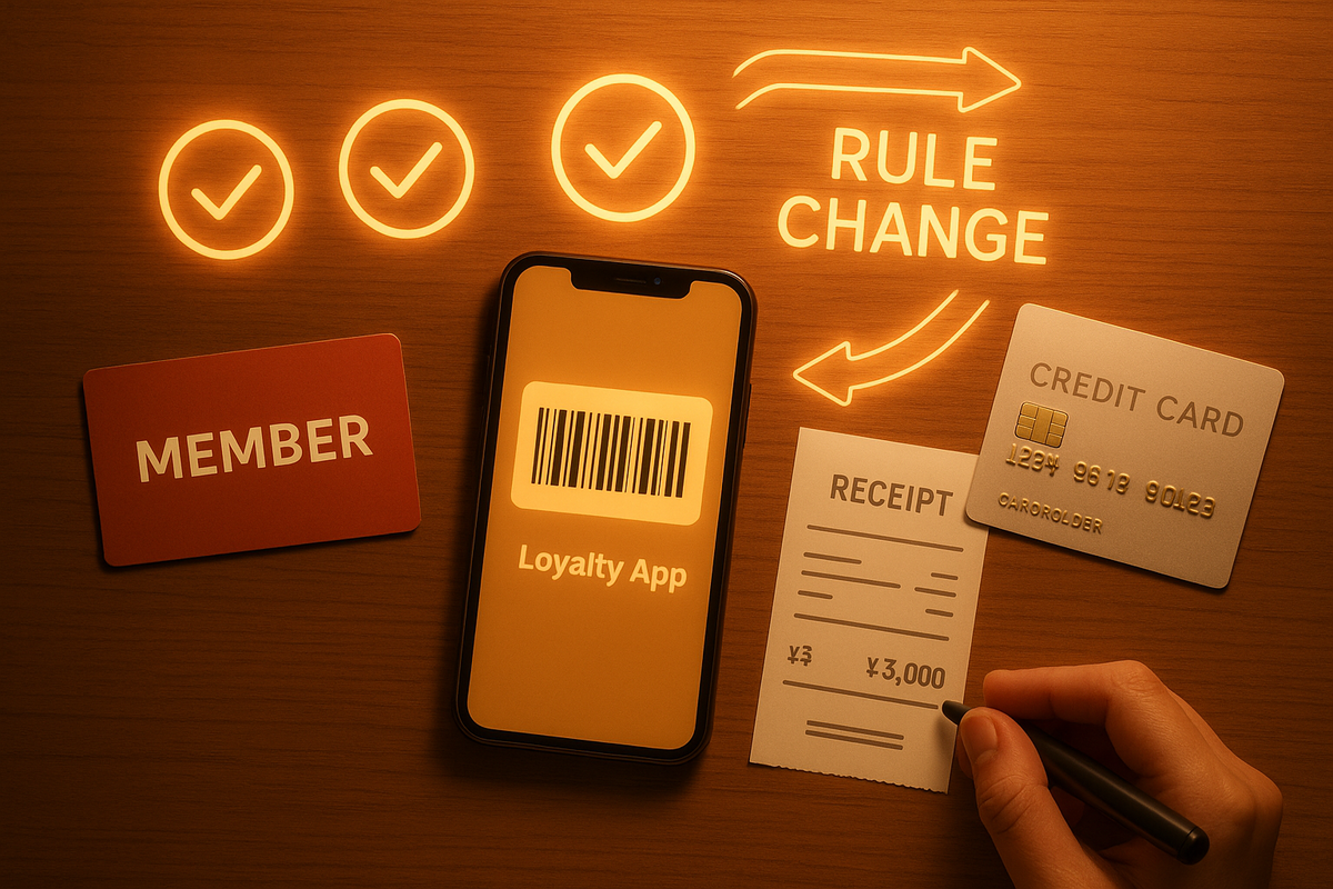 Warm wooden desk with membership card, loyalty app barcode on a phone, 3,000-yen receipt and credit card—glowing “rule change” arrows and checkmarks showing the new easy requirement joy and relief