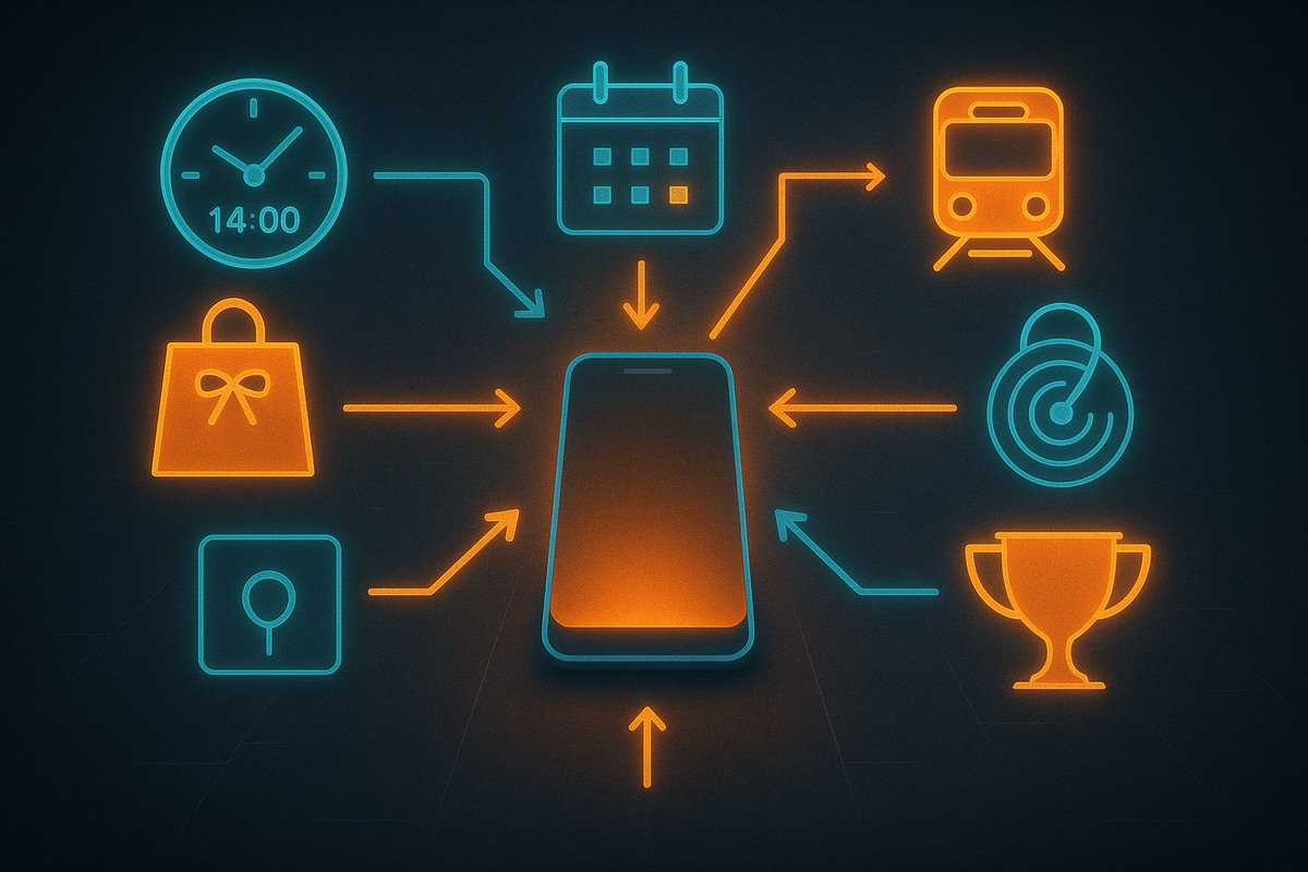 Dark futuristic screen with a glowing smartphone in the center—icons for 14:00 clock, calendar, train, radar, trophy, gift bag and map pin all pointing inward—visualizing every secret tactic converging into one winning Switch2 strategy