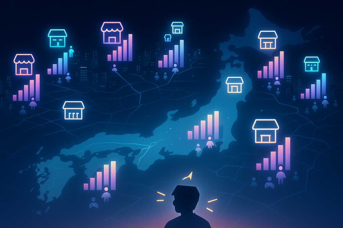 Night view of a glowing Japan map—colorful store icons and bar charts floating over each region, lone gamer silhouette at the bottom choosing the hottest city to strike, data-driven excitement and hope