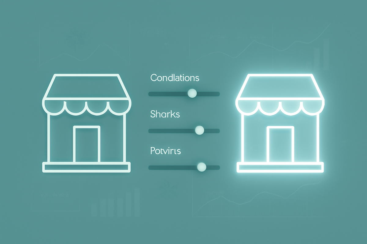 Clean teal comparison dashboard with two glowing anonymous shop icons and three slider bars between them—one store lit brighter to show softer conditions, calmly revealing why this retailer is easier to buy from than its rivals