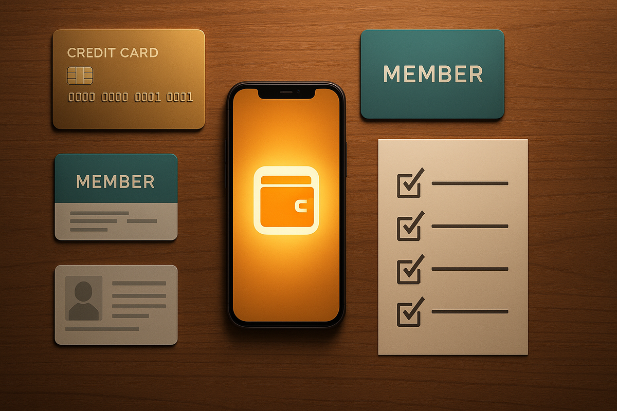 Flat-lay on a wooden desk—credit card, multiple MEMBER cards, glowing smartphone wallet icon, and a neatly checked checklist—calm but powerful visual of “have everything ready”: payment, ID, membership for a smooth Switch2 purchase at Aeon  