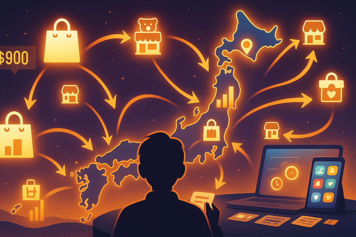 Silhouette of a shopper at a desk staring at a glowing Japan map at night—arrows flying between Aeon malls, toy stores, and shopping-bag icons—data-driven hunt for Switch2 stock, nationwide strategy mood, hopeful warm orange lights  