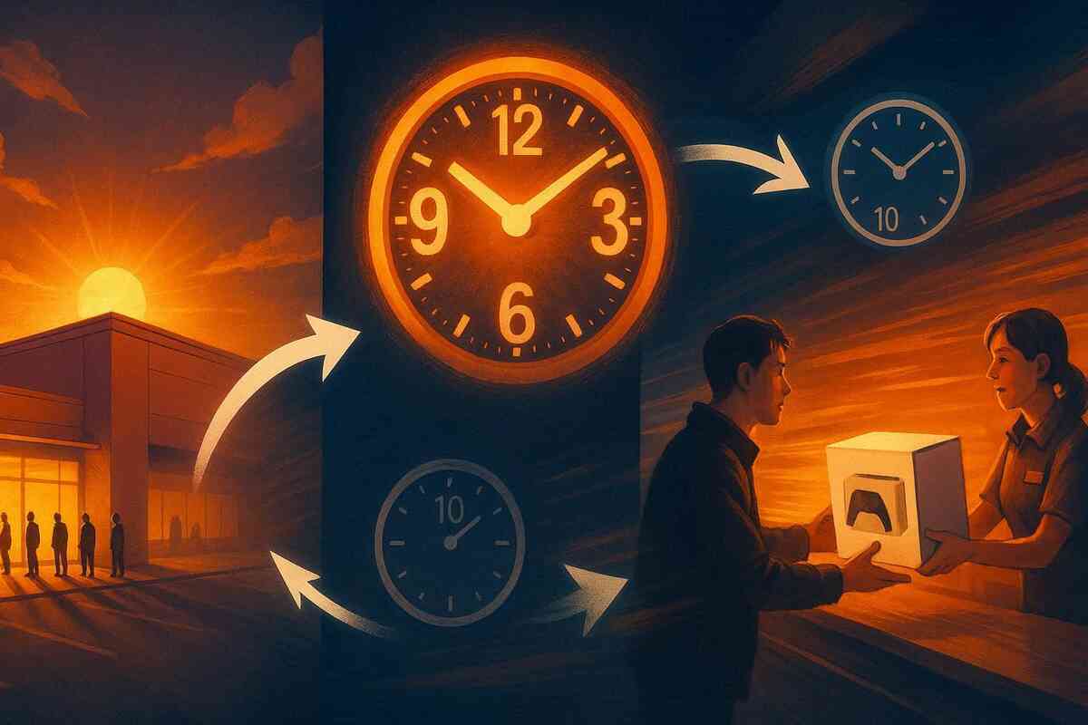 Timeline illustration—sunrise queue outside a store flowing into a huge glowing clock, then to a smiling clerk handing over a game console box around 10 o’clock—perfect Switch2 purchase routine, golden-hour timing, satisfying “plan worked” feeling  