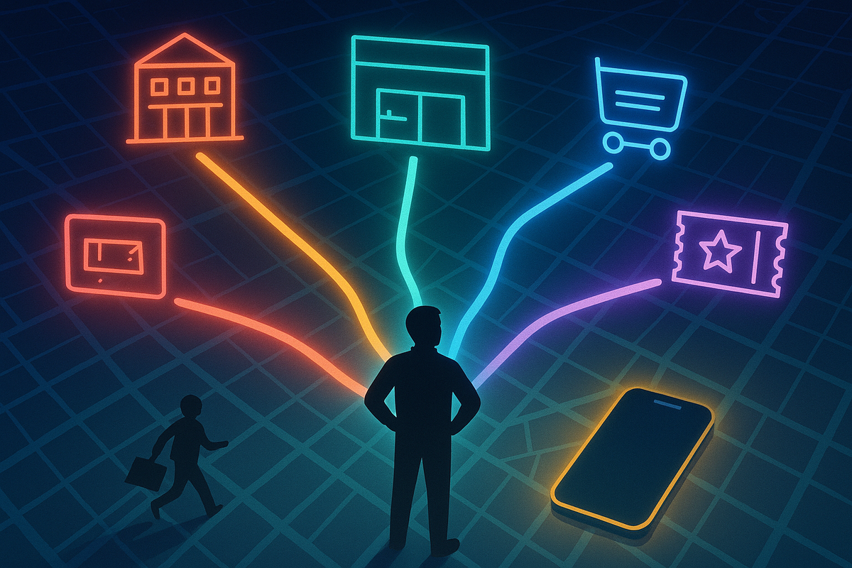 Person standing on a city grid at night, surrounded by neon paths branching to icons of mall, small shop, online cart, ticket, and tablet—multiple routes to the same goal, choosing the smartest way to grab Switch2, excited yet strategic crossroads energy  