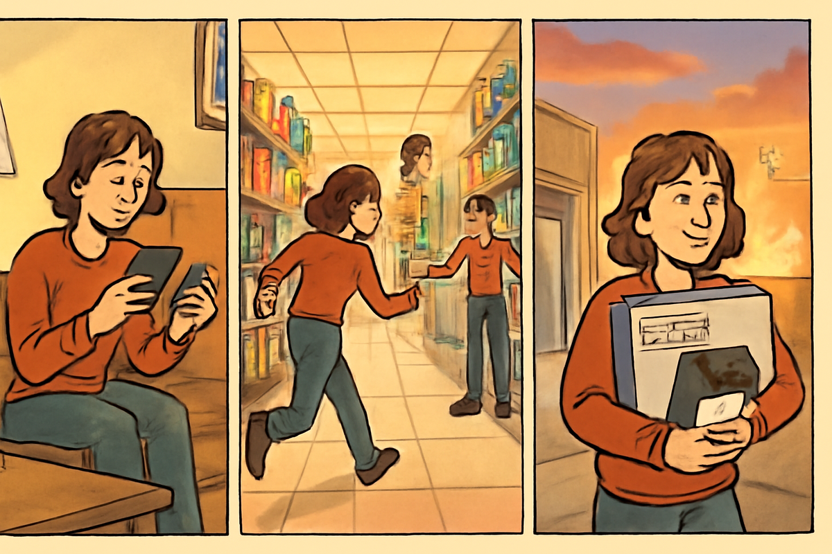 Three-panel comic—phone buzzes with stock alert, shopper dashes through a bright toy aisle, then walks out at sunset hugging a game console box—small everyday hero story of catching Switch2 in time, cozy, heartwarming success vibe  