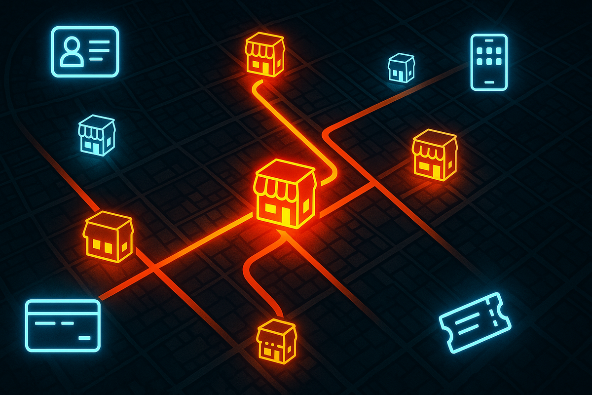 Neon city map at night with glowing store icons and paths—hot route to the best game-console retailers, ID card, ticket, app and credit-card symbols floating around, strategic and exciting hunt energy  