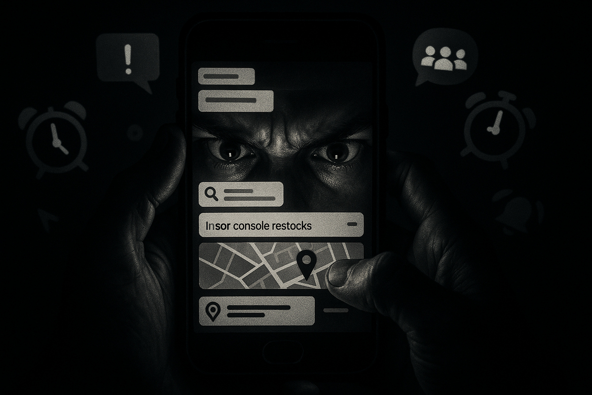 Dark close-up of a smartphone search screen reflecting intense eyes—frustrated gamer obsessively tracking in-store console restocks on maps and alerts, high-tension FOMO and desperate determination  