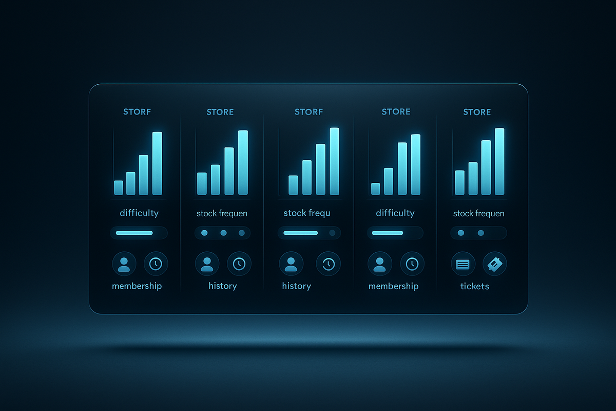 Futuristic blue UI dashboard with multiple store columns—bars comparing stock frequency, difficulty, membership and tickets at a glance, calm data-driven clarity for choosing the easiest place to buy a console  