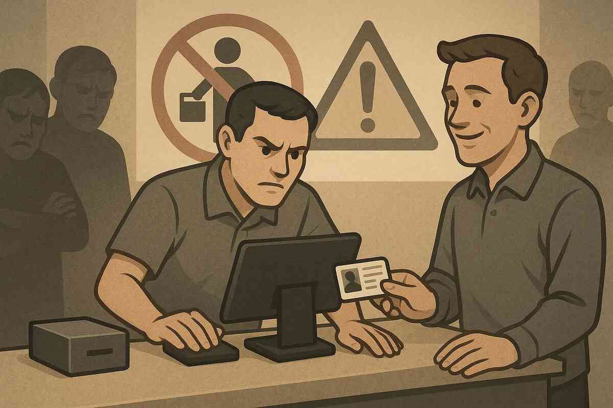 Vintage-style illustration at a store counter—stern clerk carefully checking a customer’s ID under big warning signs, strict one-per-person anti-resale rules, serious but reassuring protection for genuine buyers  