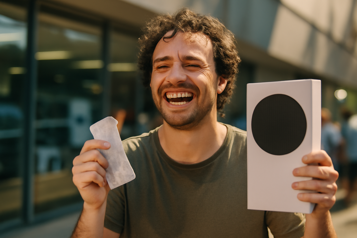 Bright outdoor shot of a joyful shopper holding a plain console box and crumpled receipt—pure relief, triumphant smile, sunshine after the long line, emotional proof that the hard-to-get console was finally secured  