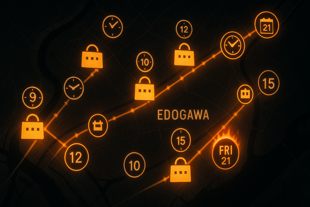 Neon map of Edogawa at night—train lines and shopping-bag icons pulsing in orange, surrounded by glowing clocks and calendar dates like 9, 10, 12, 15 and a burning “FRI 21,” visualizing hot time slots and lucky windows for Switch2 guerrilla restocks  