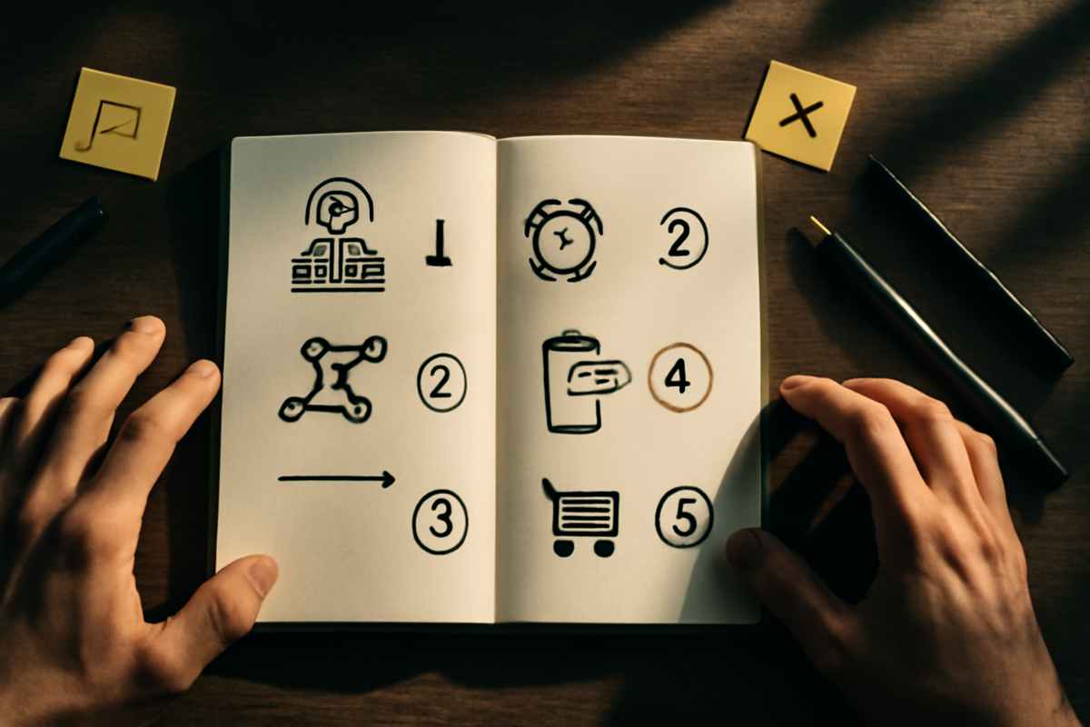 Warm desk scene with open notebook—simple hand-drawn icons numbered 1 to 5 showing route planning, alarms, coffee break and shopping cart, two focused hands ready to move, intimate “battle plan” for a calm, strategic Switch2 hunt in everyday life  