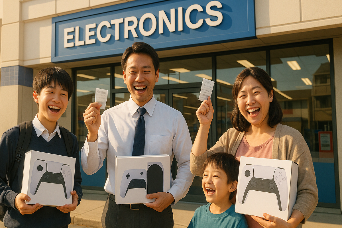 Joyful Japanese family standing in front of an unbranded ELECTRONICS store—parents and kids laughing in golden afternoon light, proudly holding generic game-console boxes and receipts, pure relief, togetherness and triumphant “we finally got it” Switch2 victory  