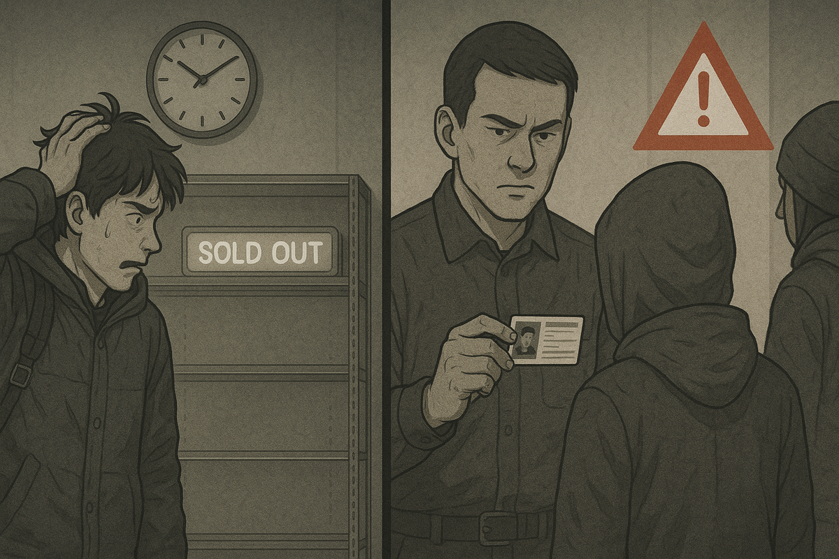 Split-panel illustration of Switch2 purchase failure and strict rules—on the left a sweating shopper in front of an empty shelf and glowing SOLD OUT sign, on the right a stern clerk checking ID under a warning triangle, anxious regret contrasting with tight anti-resale enforcement  