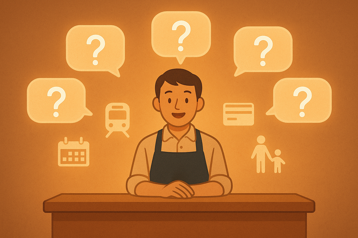 Friendly store clerk at a warm orange counter—surrounded by floating speech bubbles with question marks, train, calendar, credit card and parent-child icons, gentle inviting smile promising patient answers to every anxious Switch2 restock question from Edogawa shoppers  