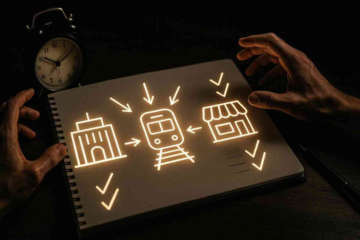 Glowing doodles on a notebook—office building, train, and local shop all connected by arrows and checkmarks, alarm clock lurking in the dark—strategic route planning from Fuchu to the best Switch2 stores, focused late-night determination  